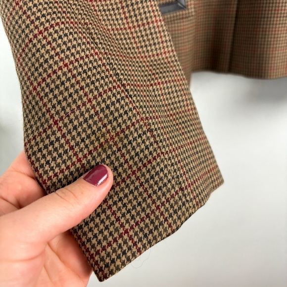Pendleton Brown Houndstooth Plaid Virgin Wool Leather Trim Blazer Sz 12 - Picture 9 of 9